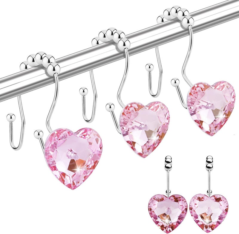 Yapicoco Shower Curtain Hooks Rings for Bathroom, 12PCS Valentines Day Heart Stainless Steel Rust Resistant Decorative Rhinestones Double Shower Hooks Hangers for Shower Curtains, Clothing, etc. - Image 1